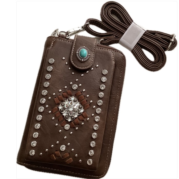 American Bling Crossbody Wallet & Phone Bag Aztec Rhinestone Stud Turquoise NWT - Picture 4 of 15